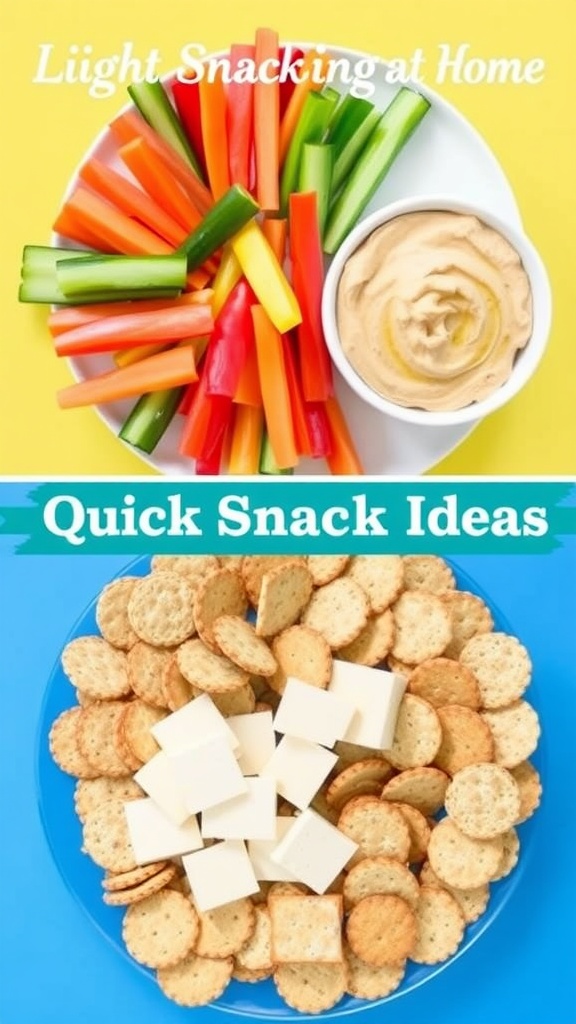Fresh veggies with hummus and cheese slices with crackers on a platter.